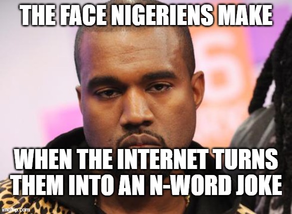Unamused Kanye | THE FACE NIGERIENS MAKE; WHEN THE INTERNET TURNS THEM INTO AN N-WORD JOKE | image tagged in unamused kanye,memes,nigeria,n word | made w/ Imgflip meme maker