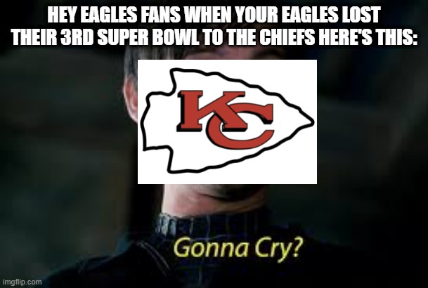Gonna Cry? | HEY EAGLES FANS WHEN YOUR EAGLES LOST THEIR 3RD SUPER BOWL TO THE CHIEFS HERE'S THIS: | image tagged in gonna cry | made w/ Imgflip meme maker
