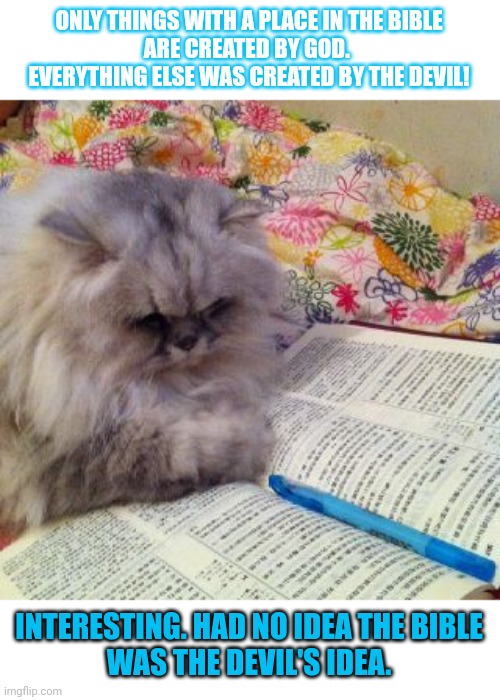 This lolcat wonders if all that God has created is in the Bible | ONLY THINGS WITH A PLACE IN THE BIBLE
ARE CREATED BY GOD. 
EVERYTHING ELSE WAS CREATED BY THE DEVIL! INTERESTING. HAD NO IDEA THE BIBLE
WAS THE DEVIL'S IDEA. | image tagged in holy bible,god,zealous,lolcats,think about it,the devil | made w/ Imgflip meme maker