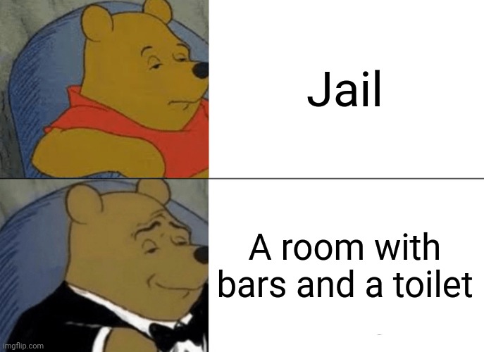 True | Jail; A room with bars and a toilet | image tagged in memes,tuxedo winnie the pooh | made w/ Imgflip meme maker