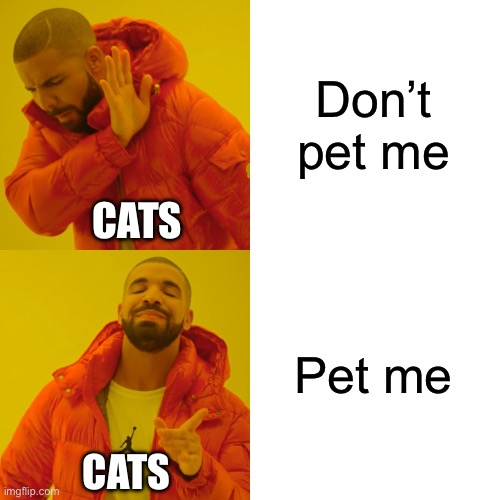 Cats Are Crazy | Don’t pet me; CATS; Pet me; CATS | image tagged in drake hotline bling,funny cats,pet me,dont touch me,cats are finicky | made w/ Imgflip meme maker