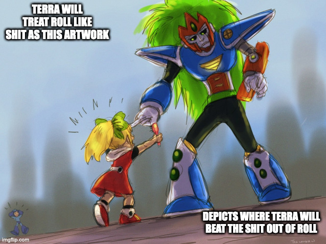 Terra and Roll | TERRA WILL TREAT ROLL LIKE SHIT AS THIS ARTWORK; DEPICTS WHERE TERRA WILL BEAT THE SHIT OUT OF ROLL | image tagged in megaman,roll,terra,memes | made w/ Imgflip meme maker