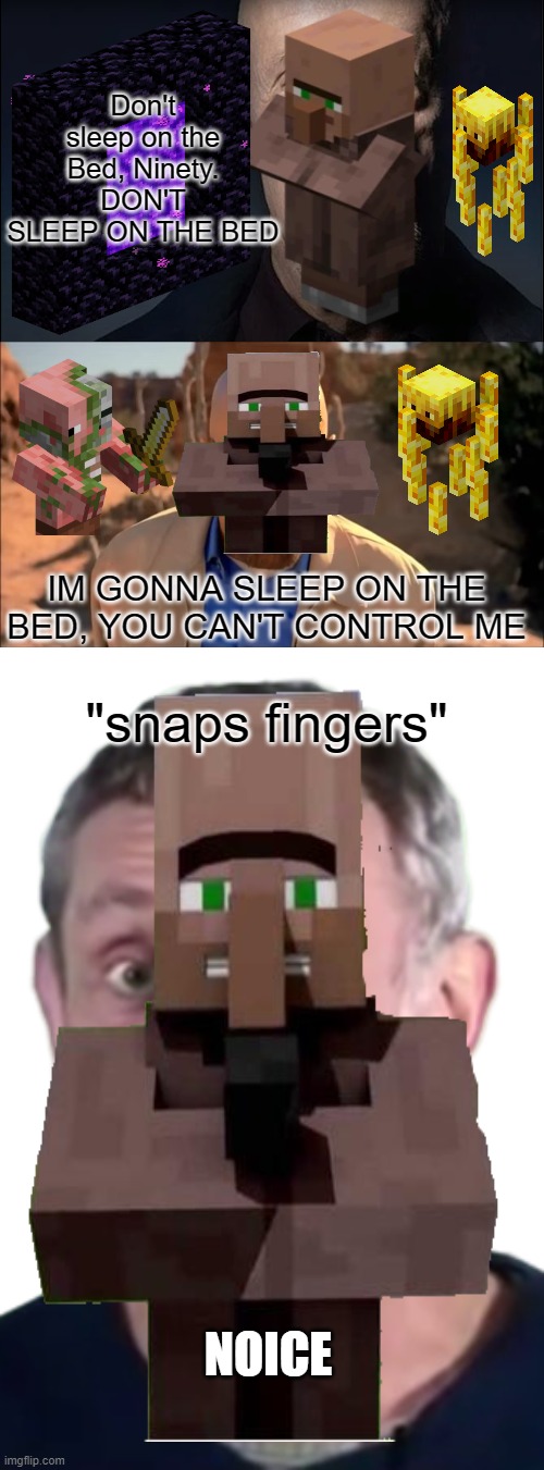 Villagers Sleeps in the Nether be like | Don't sleep on the Bed, Ninety.
DON'T SLEEP ON THE BED; IM GONNA SLEEP ON THE BED, YOU CAN'T CONTROL ME; "snaps fingers"; NOICE | image tagged in waltuh,breaking bad waltuh,noice | made w/ Imgflip meme maker