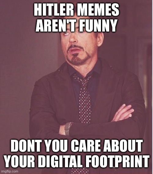 Face You Make Robert Downey Jr Meme | HITLER MEMES AREN'T FUNNY; DONT YOU CARE ABOUT YOUR DIGITAL FOOTPRINT | image tagged in memes,face you make robert downey jr | made w/ Imgflip meme maker