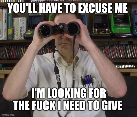 AVGN - Magnified vision | YOU'LL HAVE TO EXCUSE ME I'M LOOKING FOR THE FUCK I NEED TO GIVE | image tagged in avgn - magnified vision | made w/ Imgflip meme maker