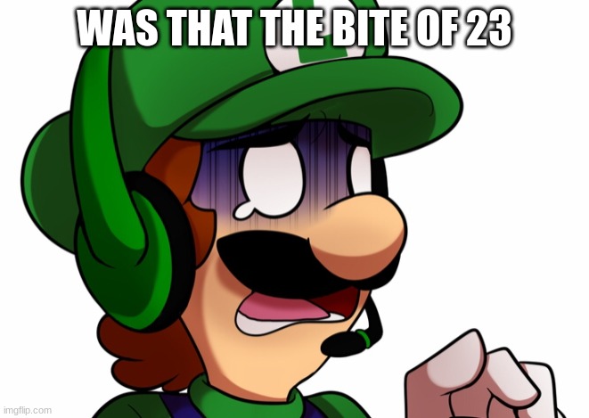 Luigi scared | WAS THAT THE BITE OF 23 | image tagged in luigi scared | made w/ Imgflip meme maker