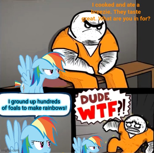 Surprised bulky prisoner | I cooked and ate a breezie. They taste great. What are you in for? I ground up hundreds of foals to make rainbows! | image tagged in surprised bulky prisoner | made w/ Imgflip meme maker