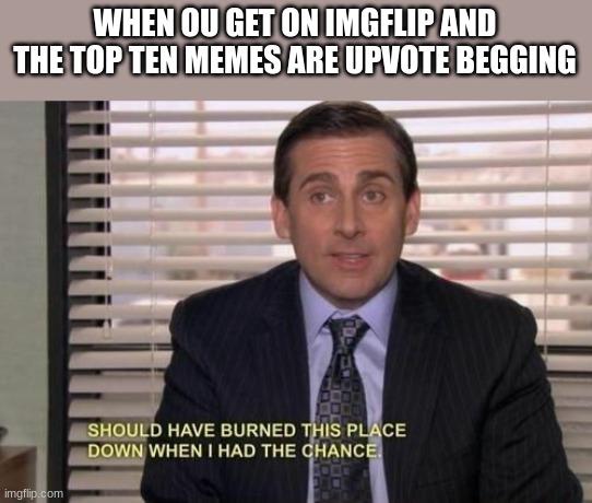 really should have | WHEN OU GET ON IMGFLIP AND THE TOP TEN MEMES ARE UPVOTE BEGGING | image tagged in michael scott should have burned this place down when i had the | made w/ Imgflip meme maker