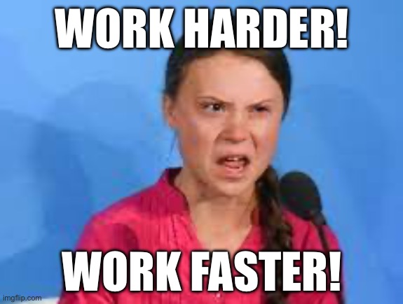 WORK HARDER! WORK FASTER! | image tagged in greta thunberg how dare you,republicans | made w/ Imgflip meme maker
