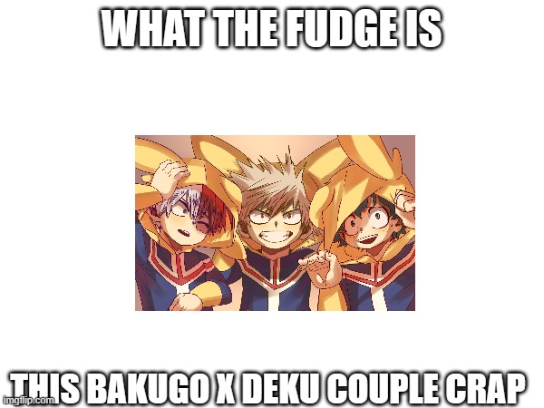 kill "Bakugo x Deku" like Bakugo kills children | WHAT THE FUDGE IS; THIS BAKUGO X DEKU COUPLE CRAP | image tagged in my hero academia | made w/ Imgflip meme maker