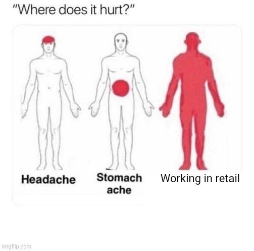 Where does it hurt | Working in retail | image tagged in where does it hurt | made w/ Imgflip meme maker