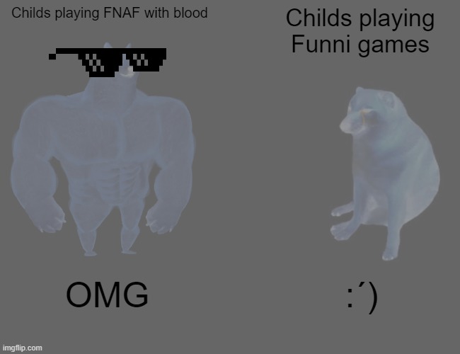 FNAF Vs Funni | Childs playing FNAF with blood; Childs playing Funni games; OMG; :´) | image tagged in memes,buff doge vs cheems | made w/ Imgflip meme maker