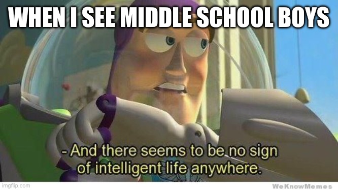 No offense. | WHEN I SEE MIDDLE SCHOOL BOYS | image tagged in buzz lightyear no intelligent life | made w/ Imgflip meme maker