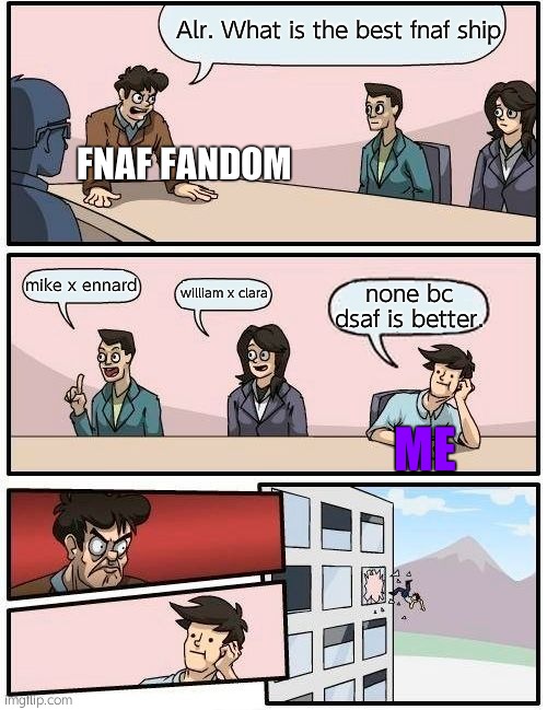 Im sorry but like the fnaf games suck | Alr. What is the best fnaf ship; FNAF FANDOM; mike x ennard; william x clara; none bc dsaf is better. ME | made w/ Imgflip meme maker