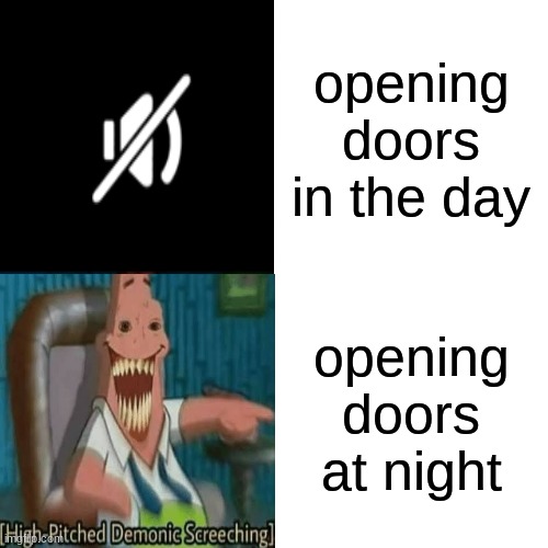 SCREEECH | opening doors in the day; opening doors at night | image tagged in memes,drake hotline bling,doors | made w/ Imgflip meme maker
