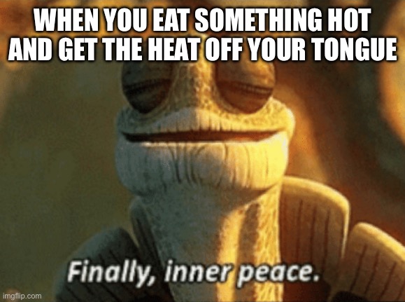 The heat is off!! | WHEN YOU EAT SOMETHING HOT AND GET THE HEAT OFF YOUR TONGUE | image tagged in finally inner peace | made w/ Imgflip meme maker