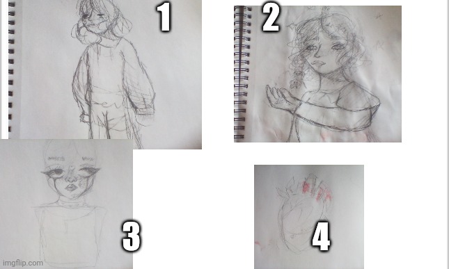 I have a lot of unfinished art work so which one should I finish | 1               2; 3                            4 | image tagged in white background,drawing | made w/ Imgflip meme maker