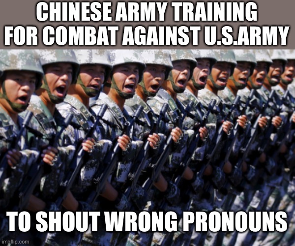 Don’t laugh, it’s not funny. | CHINESE ARMY TRAINING FOR COMBAT AGAINST U.S.ARMY; TO SHOUT WRONG PRONOUNS | image tagged in wrong pronouns,army | made w/ Imgflip meme maker