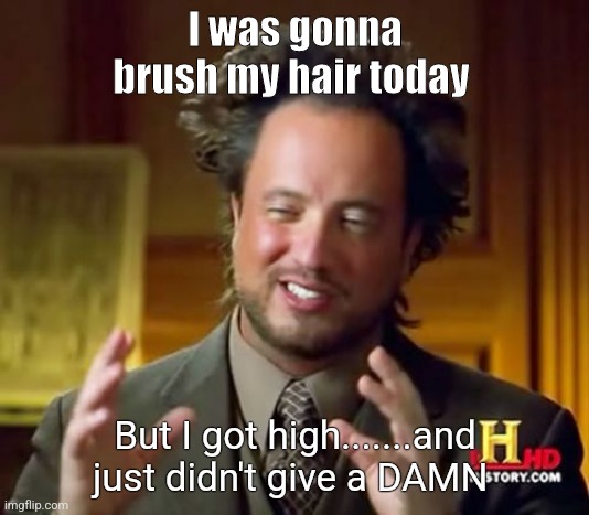 Ancient Aliens | I was gonna brush my hair today; But I got high.......and just didn't give a DAMN | image tagged in memes,ancient aliens | made w/ Imgflip meme maker