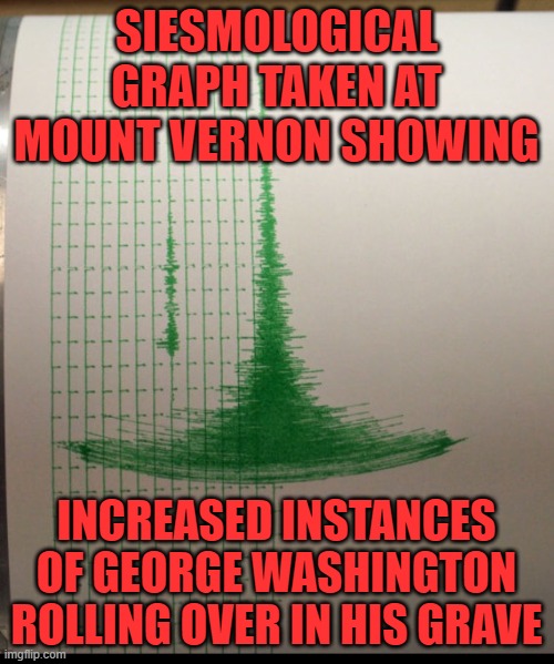 Earthquake | SIESMOLOGICAL GRAPH TAKEN AT MOUNT VERNON SHOWING INCREASED INSTANCES OF GEORGE WASHINGTON ROLLING OVER IN HIS GRAVE | image tagged in earthquake | made w/ Imgflip meme maker