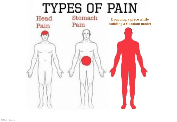Types of Pain | Dropping a piece while building a Gundam model | image tagged in types of pain | made w/ Imgflip meme maker