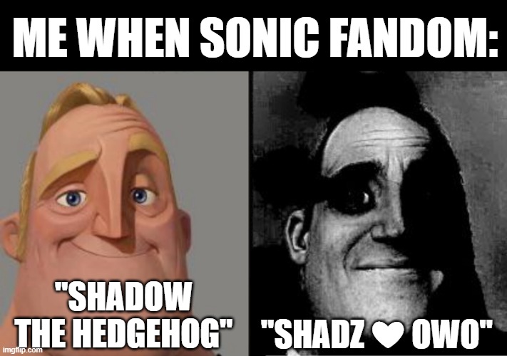 ??? | ME WHEN SONIC FANDOM:; "SHADZ ❤ OWO"; "SHADOW THE HEDGEHOG" | image tagged in traumatized mr incredible,shadow the hedgehog,weird | made w/ Imgflip meme maker