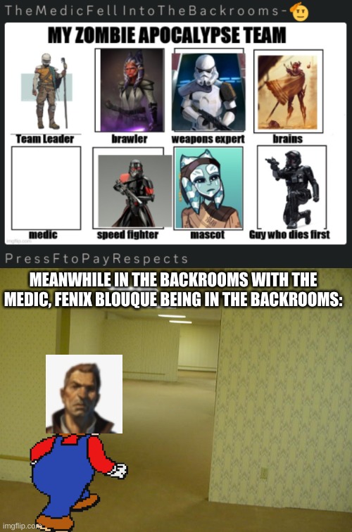 Dark Humour with my Star Wars OCs | MEANWHILE IN THE BACKROOMS WITH THE MEDIC, FENIX BLOUQUE BEING IN THE BACKROOMS: | image tagged in the backrooms | made w/ Imgflip meme maker