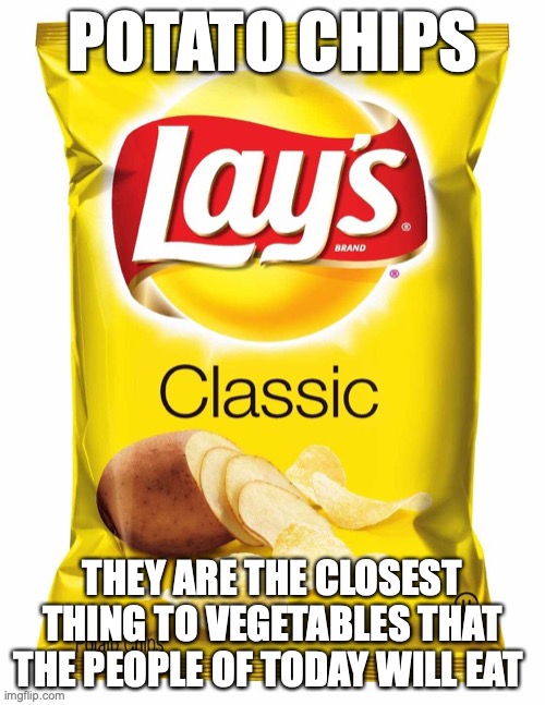 good chips though | POTATO CHIPS; THEY ARE THE CLOSEST THING TO VEGETABLES THAT THE PEOPLE OF TODAY WILL EAT | image tagged in lays chips | made w/ Imgflip meme maker