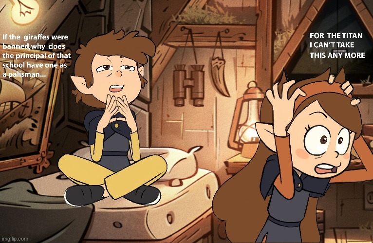 Enjoy this shit I found on Google. It's the Pines twins from Gravity Falls in The Owl House | made w/ Imgflip meme maker