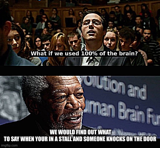 Bad meme | WE WOULD FIND OUT WHAT TO SAY WHEN YOUR IN A STALL AND SOMEONE KNOCKS ON THE DOOR | image tagged in what if we used 100 of the brain | made w/ Imgflip meme maker