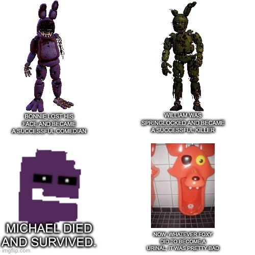 What did they do? | WILLIAM WAS SPRINGLOCKED AND BECAME A SUCCESSFUL KILLER; BONNIE LOST HIS FACE AND BECAME A SUCCESSFUL COMEDIAN; MICHAEL DIED AND SURVIVED. NOW, WHATEVER FOXY DID TO BECOME A URINAL, IT WAS PRETTY BAD | image tagged in memes,toilet humor | made w/ Imgflip meme maker