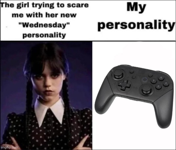 Playin Video Games all day! | image tagged in the girl trying to scare me with her new wednesday personality,gaming,memes,funny | made w/ Imgflip meme maker