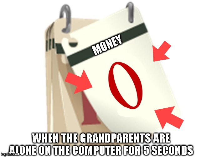 accurate | MONEY; WHEN THE GRANDPARENTS ARE ALONE ON THE COMPUTER FOR 5 SECONDS | image tagged in zero days | made w/ Imgflip meme maker