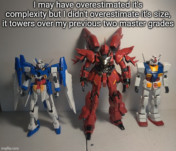 Towering over might be overexaggerating a bit but this thing is massive | I may have overestimated it's complexity but I didn't overestimate it's size, it towers over my previous two master grades | made w/ Imgflip meme maker