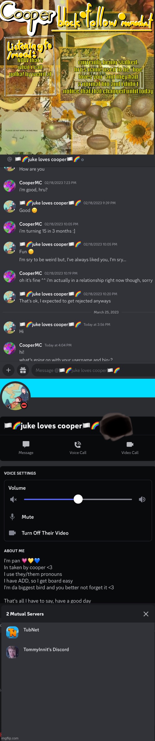 currently being stalked. bro’s name used to be “boe loves you” and they had a normal bio and i didn’t notice that that changed until today; NOW that’s what i call polka! by weird al | image tagged in cooper s announcement temp | made w/ Imgflip meme maker