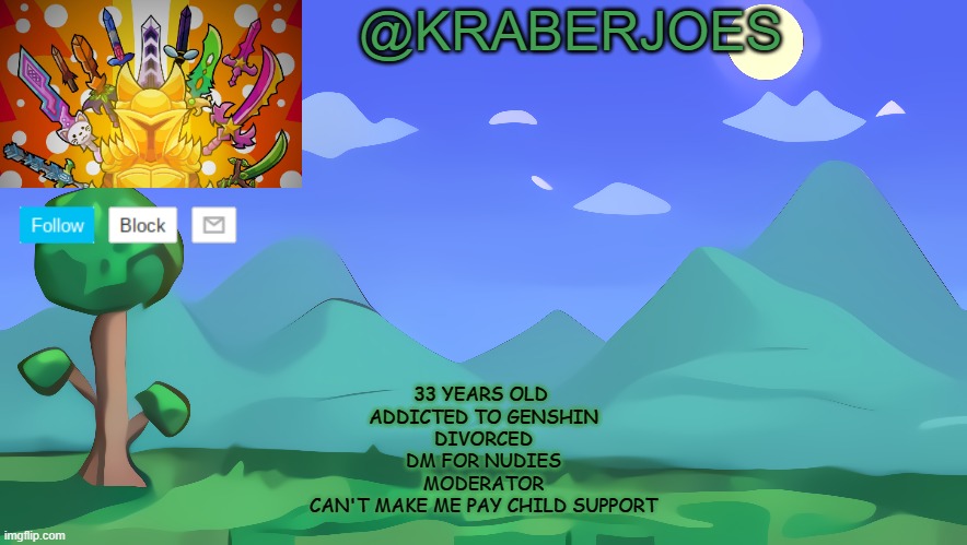 Kraberjoes Terraria Temp | 33 YEARS OLD 
ADDICTED TO GENSHIN
DIVORCED
DM FOR NUDIES
MODERATOR
CAN'T MAKE ME PAY CHILD SUPPORT | image tagged in kraberjoes terraria temp | made w/ Imgflip meme maker