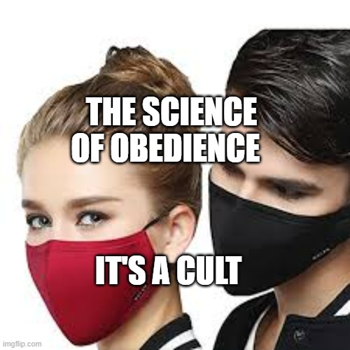 Mask Couple | THE SCIENCE OF OBEDIENCE; IT'S A CULT | image tagged in mask couple | made w/ Imgflip meme maker