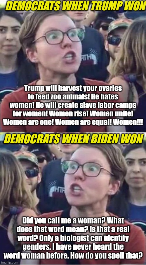 All of you saw this occur, so that is not the issue. The issue is, will any of you still vote for these liars? Yes, yes you will | DEMOCRATS WHEN TRUMP WON; Trump will harvest your ovaries to feed zoo animals! He hates women! He will create slave labor camps for women! Women rise! Women unite! Women are one! Women are equal! Women!!! DEMOCRATS WHEN BIDEN WON; Did you call me a woman? What does that word mean? Is that a real word? Only a biologist can identify genders. I have never heard the word woman before. How do you spell that? | image tagged in angry liberal hypocrite,liberal hypocrisy,democrats,liars,what do we want,stupid liberals | made w/ Imgflip meme maker