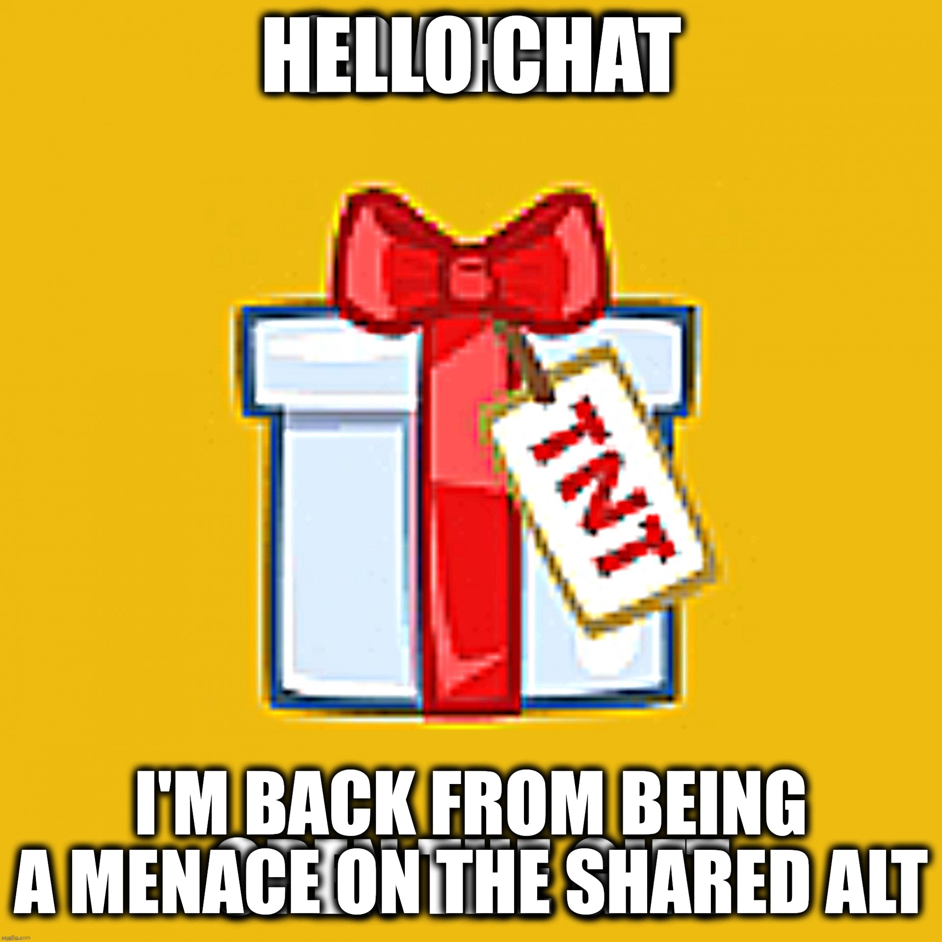 Open the gift | HELLO CHAT; I'M BACK FROM BEING A MENACE ON THE SHARED ALT | image tagged in open the gift | made w/ Imgflip meme maker