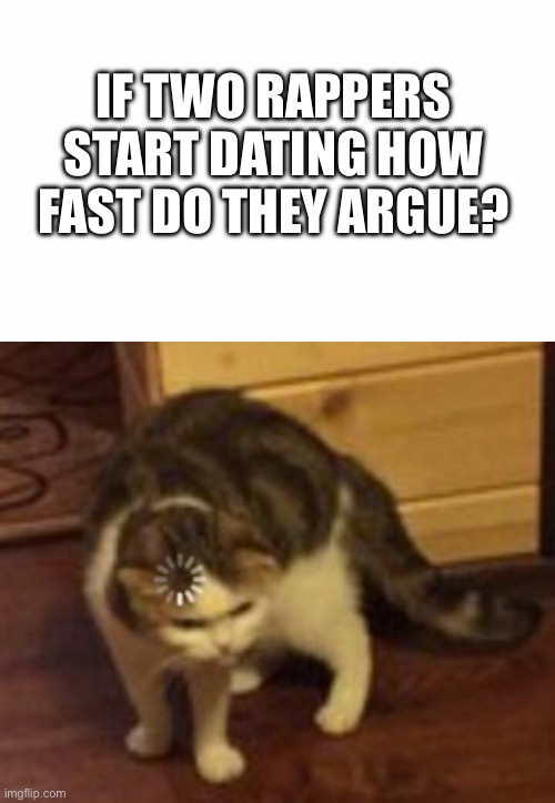 Hmmmmmmmmmmmmmmmmmmmmmmmmmmmmm….. how fast do they…. | IF TWO RAPPERS START DATING HOW FAST DO THEY ARGUE? | image tagged in loading cat | made w/ Imgflip meme maker