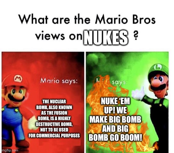 Mario Bros Views | NUKES; THE NUCLEAR BOMB, ALSO KNOWN AS THE FUSION BOMB, IS A HIGHLY DESTRUCTIVE BOMB, NOT TO BE USED FOR COMMERCIAL PURPOSES; NUKE ‘EM UP! WE MAKE BIG BOMB AND BIG BOMB GO BOOM! | image tagged in mario bros views | made w/ Imgflip meme maker