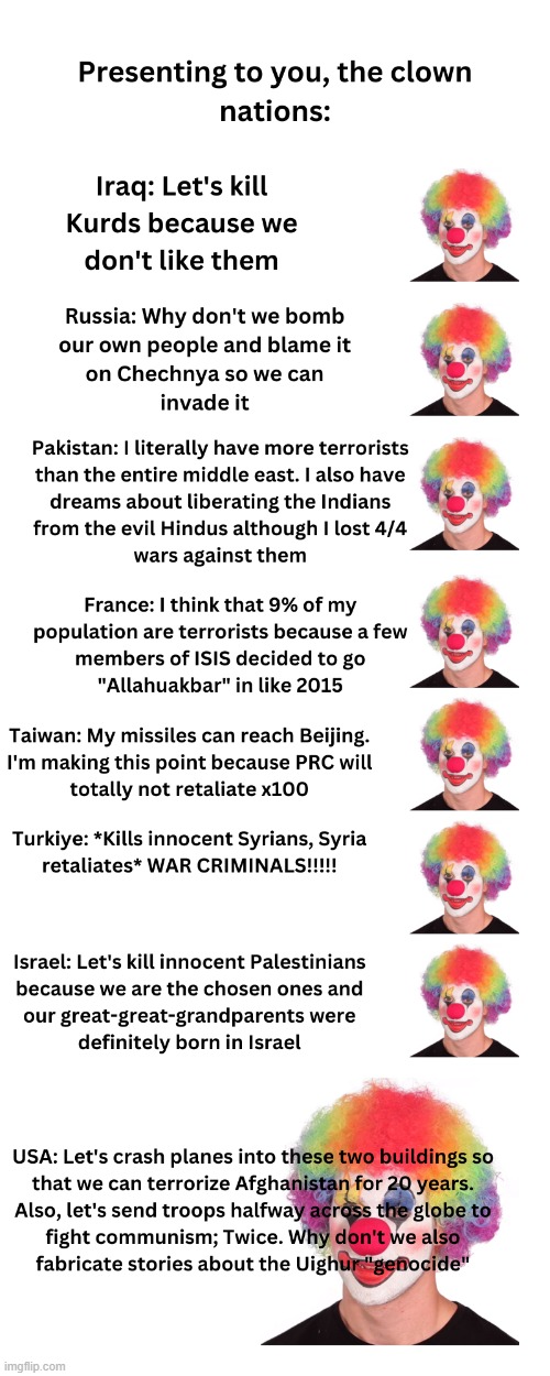 Presenting to you, the clown nations | image tagged in politics,funny,memes,political meme,political,fun | made w/ Imgflip meme maker