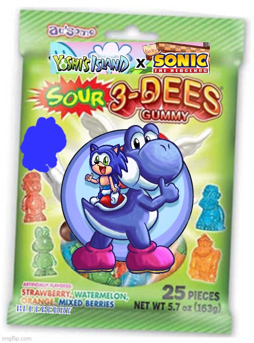 Yoshi's Island × baby Sonic the Hedgehog 3-Dees Gummy Appeared | BLUEBERRY | image tagged in yoshi's island,baby sonic the hedgehog,sonic the hedgehog,sega,nintendo,fiddle yoshi-z | made w/ Imgflip meme maker