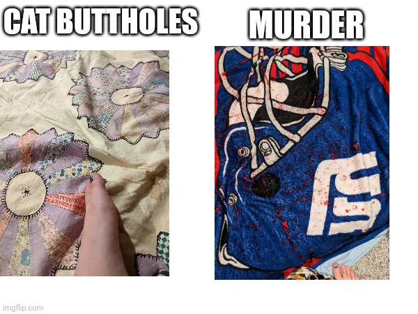 My grandparents' sus blankets ? | MURDER; CAT BUTTHOLES | image tagged in sus,design fails,you had one job | made w/ Imgflip meme maker