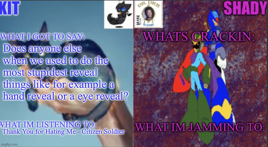 Kitnshady | Does anyone else when we used to do the most stupidest reveal things like for example a hand reveal or a eye reveal? Thank You for Hating Me - Citizen Soldier | image tagged in kitnshady | made w/ Imgflip meme maker