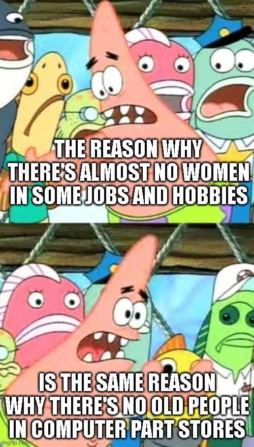 Put It Somewhere Else Patrick | THE REASON WHY THERE'S ALMOST NO WOMEN IN SOME JOBS AND HOBBIES; IS THE SAME REASON WHY THERE'S NO OLD PEOPLE IN COMPUTER PART STORES | image tagged in memes,put it somewhere else patrick | made w/ Imgflip meme maker