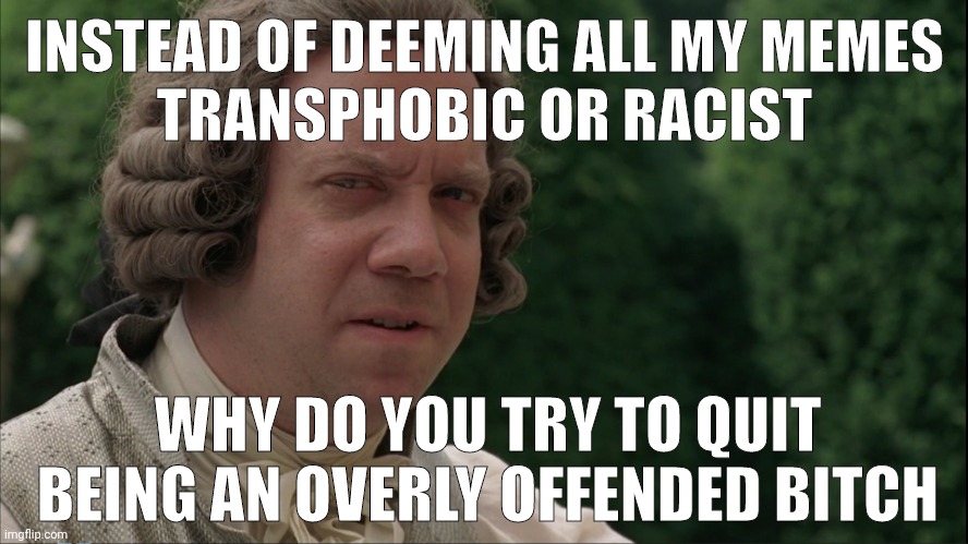 Quit being a little b.... | INSTEAD OF DEEMING ALL MY MEMES
TRANSPHOBIC OR RACIST; WHY DO YOU TRY TO QUIT BEING AN OVERLY OFFENDED BITCH | image tagged in befuddled founding father | made w/ Imgflip meme maker