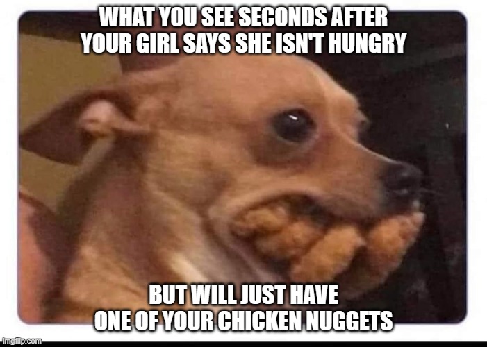 Women | WHAT YOU SEE SECONDS AFTER YOUR GIRL SAYS SHE ISN'T HUNGRY; BUT WILL JUST HAVE ONE OF YOUR CHICKEN NUGGETS | image tagged in women | made w/ Imgflip meme maker