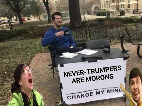 Change My Mind Meme | NEVER-TRUMPERS
ARE MORONS | image tagged in memes,change my mind | made w/ Imgflip meme maker