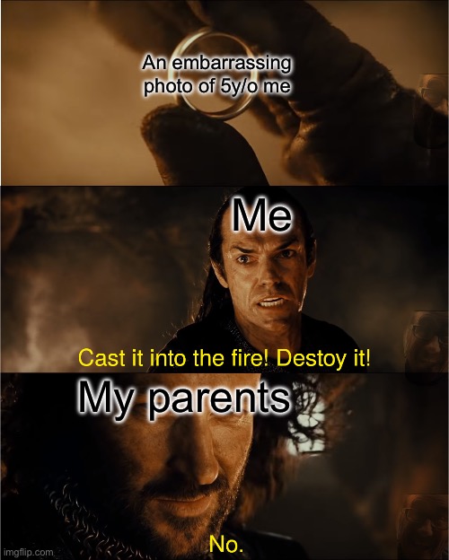 Cast it to the fire! | An embarrassing photo of 5y/o me; Me; My parents | image tagged in cast it into the fire,memes,funny | made w/ Imgflip meme maker